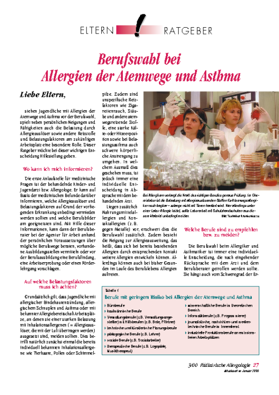 Berufswahl bei Allergien der Atemwege und Asthma